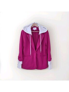 Risen LA Hooded Knit Blazer Womens L Pink White Ruched LS Edgy Casual Chic Boho